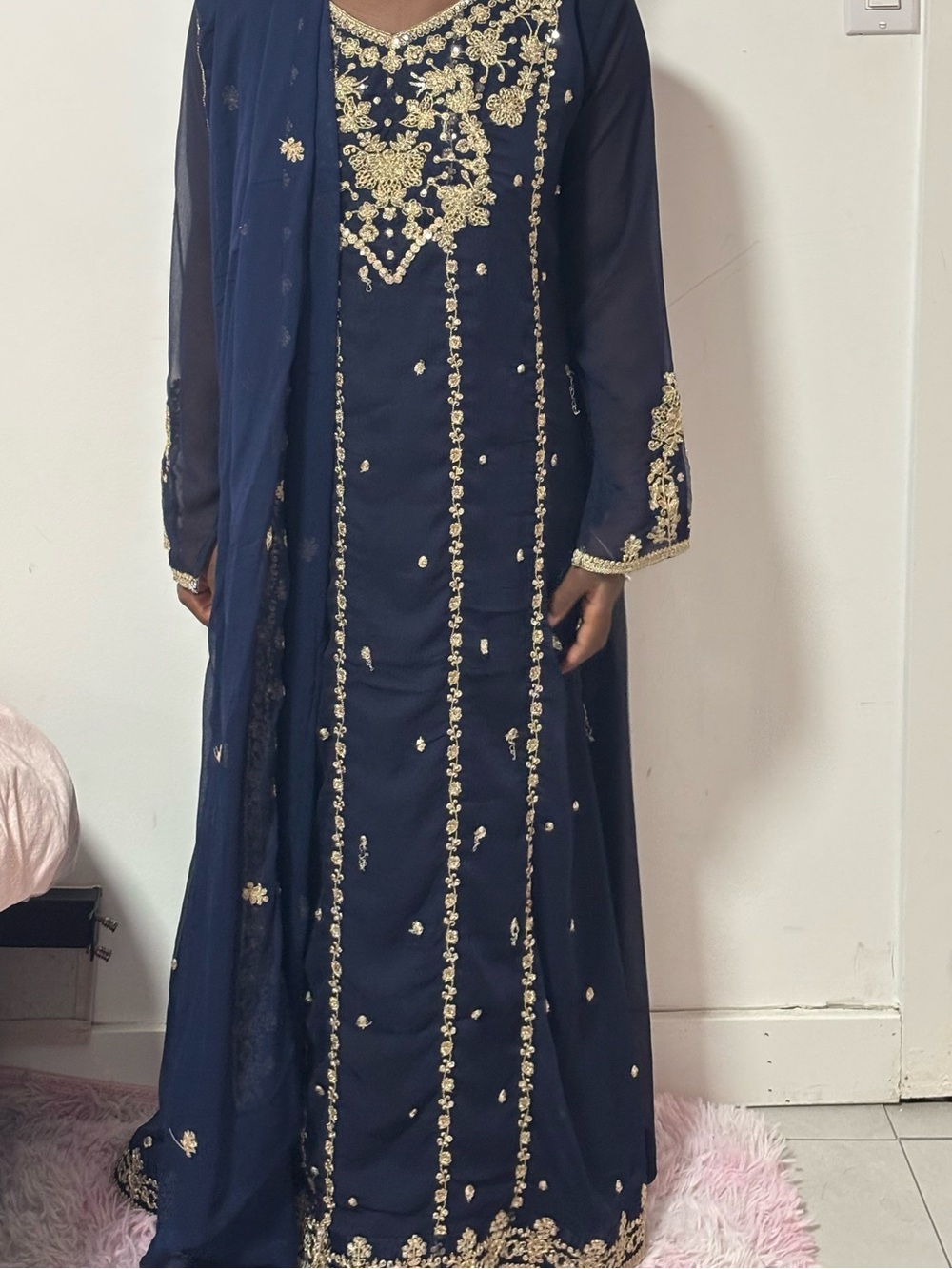 Embroidered Navy Blue Maxi Dress with Gold Accents